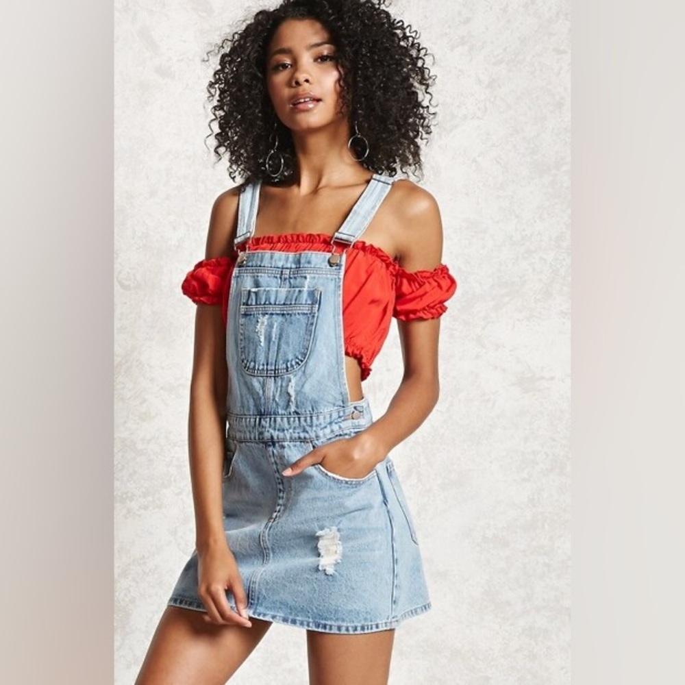 Forever 21 Distressed Mini Overall Dress Denim - Picture 1 of 7